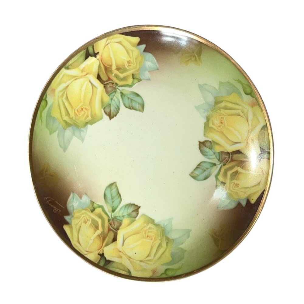 Hand-Painted Thomas Bavaria Plate With Yellow Rose Design 8" Diameter Vintage Po